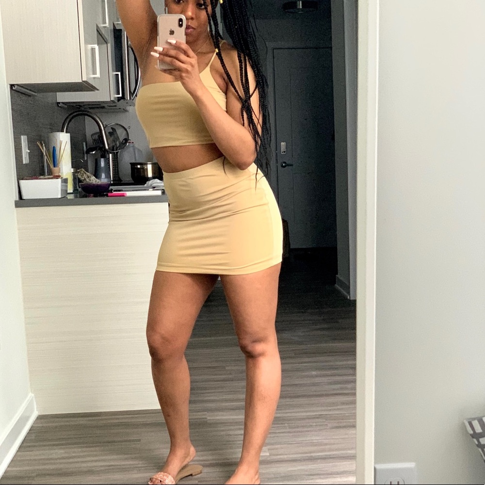 Two piece tan mini skirt set